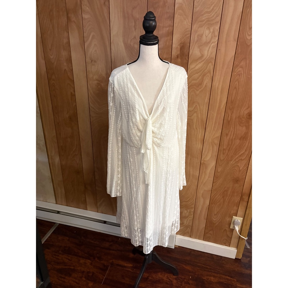 Shein Curve White Lace Long Sleeve Tie Front V-Neck Dress Womens 2XL Plus Size